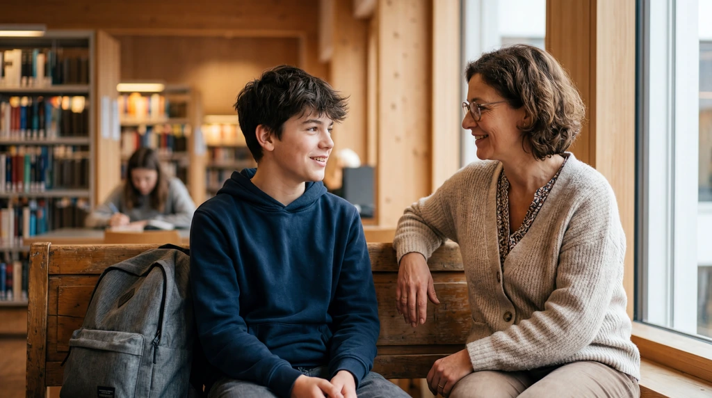Ein Schulkind mit Schulassistenz und Schulbegleitung bei einer Lernaktivität am Tisch, die beiden lächeln.